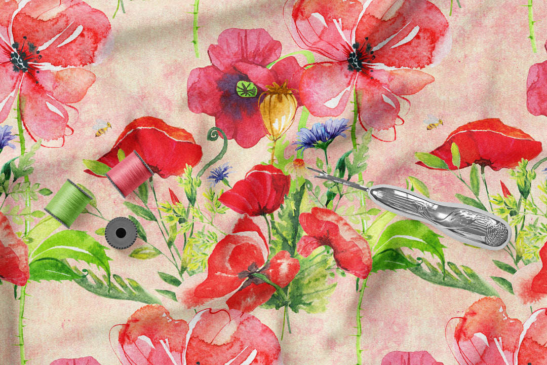 Powerful poppies on Pink 100% Cotton Fabric -MZ0001PP