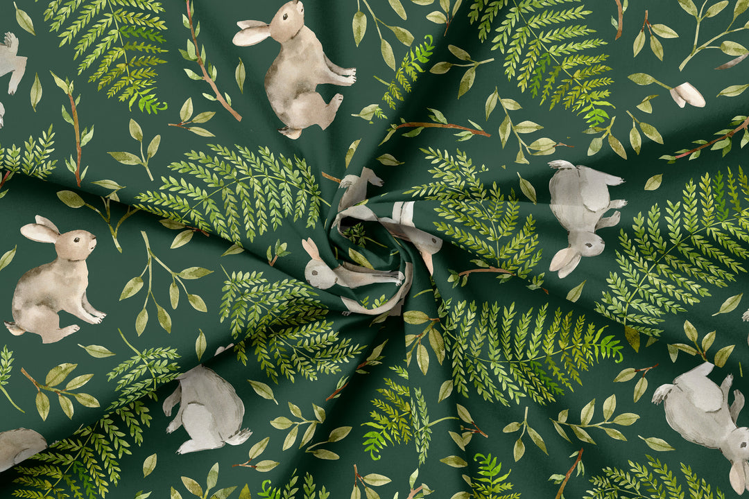 Bunnies in nature on Green 100% Cotton Fabric -MZ000BN