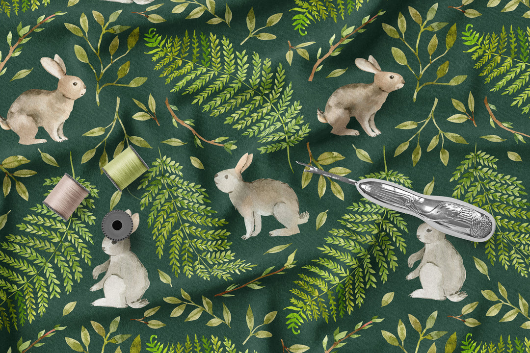 Bunnies in nature on Green 100% Cotton Fabric -MZ000BN