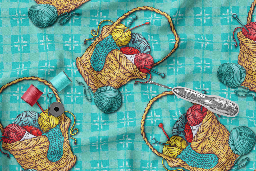 Turquoise Knitting Basket 100% Cotton Fabric MZ0002KN