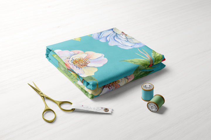 Pretty Peonies on blue 100% Cotton Fabric -MZ0002PN