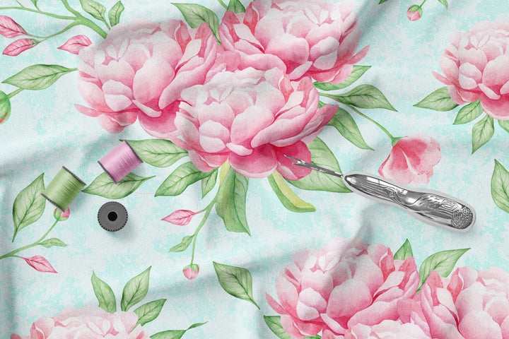 Lovely Peonies on mint 100% Cotton Fabric -MZ0010PN