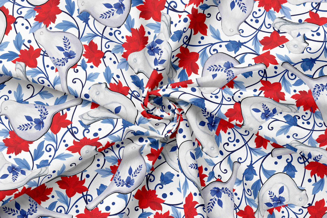 Country Delft Birds 100% Cotton Fabric -MZ0020CS
