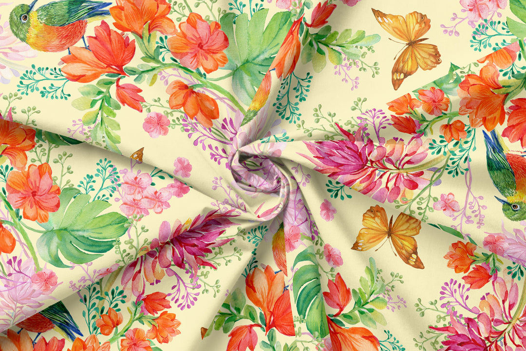 Orange floral bird and butterfly 100% Cotton Fabric-MZ0029FW