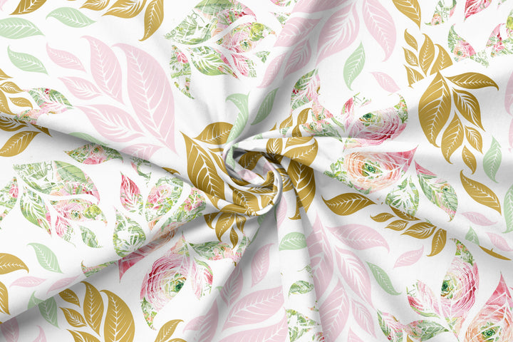Pink and Green Leaves 100% Cotton Fabric -MZ0039FW