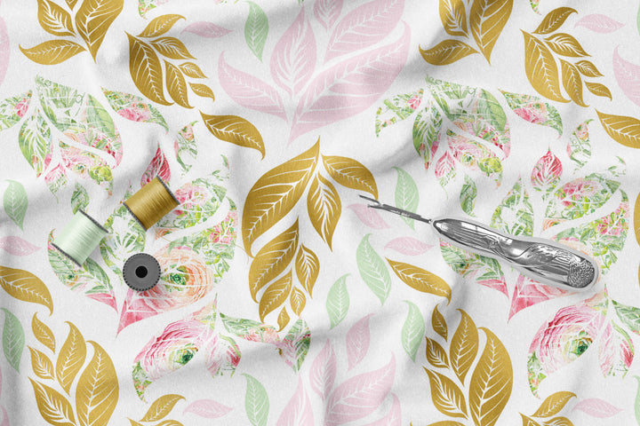 Pink and Green Leaves 100% Cotton Fabric -MZ0039FW